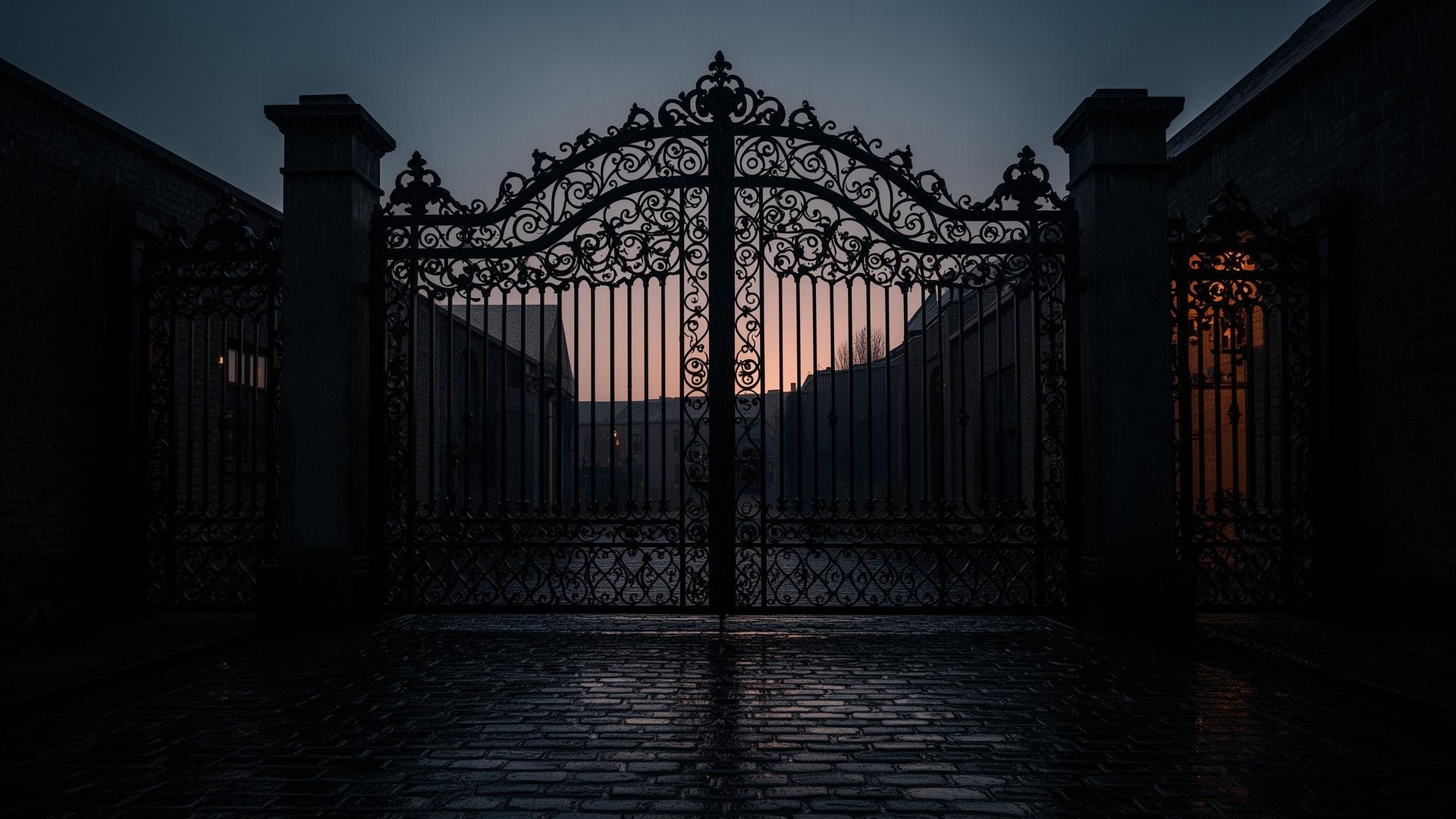 Wrought iron driveway gate at dusk